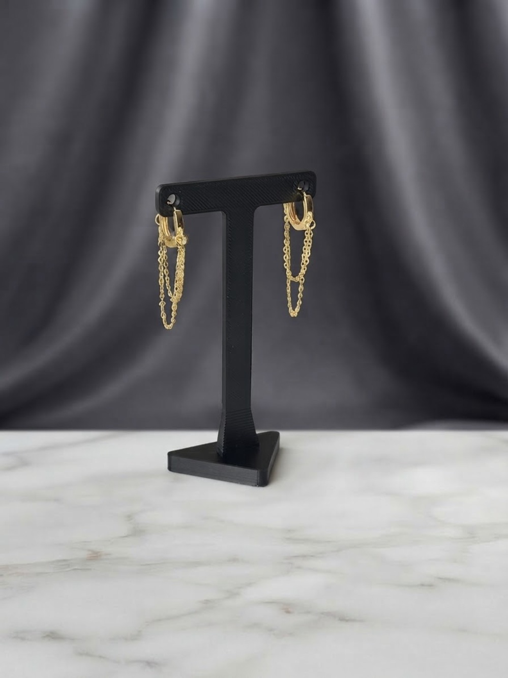 Small Gold Plated Huggie Hoop Earrings with Draping Chains - Picture 4 of 4